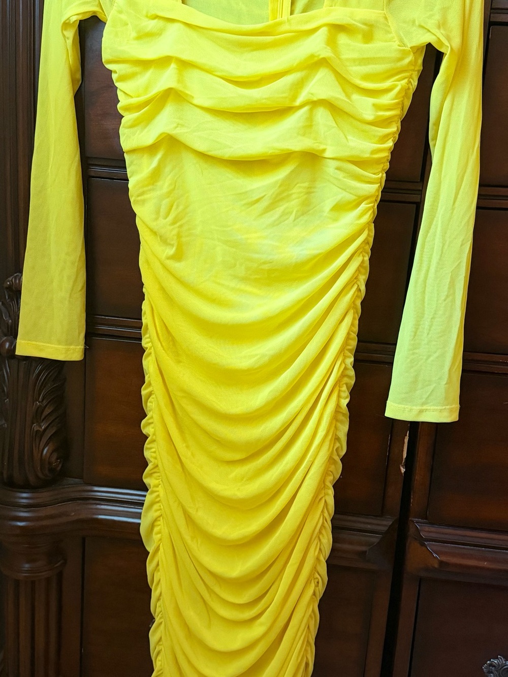 Fashion Nova Yellow Ruched Long-Sleeve Bodycon Dress